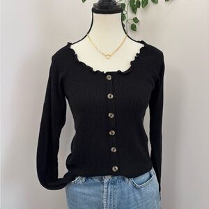 American Eagle Black Long Sleeve Button Down Top size M Ruffle Neckline